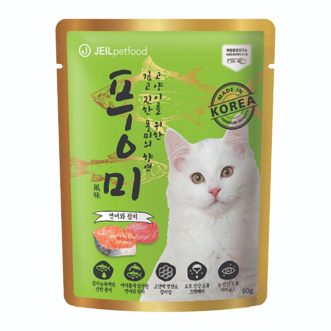 제일펫푸드는 고양이용 소형 파우치 간식 ‘풍미’를 출시했다. /사진=제일펫푸드.