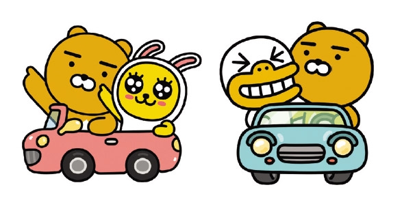 ▲ 라이언 택시를 탄 라이언과 무지(왼쪽), 튜브 라이언(오른쪽)의 이모티콘. 사진 = 카카오모빌리티