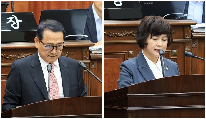본회의 전 5분 발언을 진행 중인 장순욱 의원(왼쪽), 정유나 의원(오른쪽) / 사진제공=동작구의회