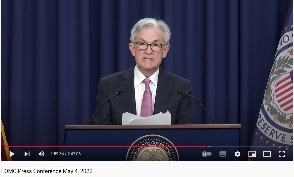 제롬 파월 연방준비제도(Federal Reserve) 의장 / 사진출처= 미국 연방준비제도(Federal Reserve) 유튜브 채널 중 갈무리(한국시각 2022.05.05)