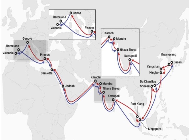 HMM(대표 김경배)이 인도·지중해로 향하는 신규 FIM(Far East Asia, India and the Mediterranean Sea) 컨테이너서비스를 개설했다. /사진제공=HMM.