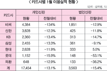 경기불황 여파에 기업체 경비절감 등으로 카드사 법인카드 실적 급감