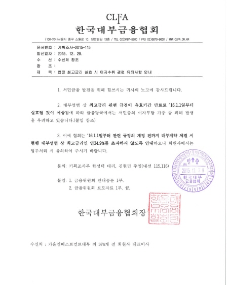 대부협회, "금리 더 받지 말라" 공문 발송