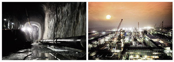 ▲ 현대건설이 추진하고 있는 싱가포르 해저 유류비축기지 건설 현장.▲ 현대건설이 짓는 카타르 5, 6단계 비료공장 현장.