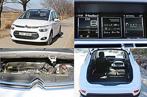 ▲ (위쪽 왼쪽부터 시계방향으로) C4 피카소의 외관과 대시보드 중앙 계기판, 동승석과 2열을 접은 경우, 1.6 친환경 디젤 엔진.