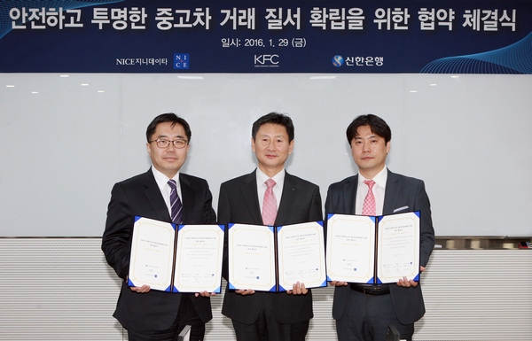 △지난 29일 서울시 중구 세종대로에 소재한 신한은행 본점에서 신한은행 백홍근 마케팅본부장(가운데), NICE지니데이타㈜ 정선동 대표이사(왼쪽), ㈜케이에프씨 한조운 대표이사(오른쪽)가 ‘안전하고 투명한 중고차 거래 질서 확립을 위한 협약 체결식’을 마치고 기념촬영하는 모습./사진제공=신한은행