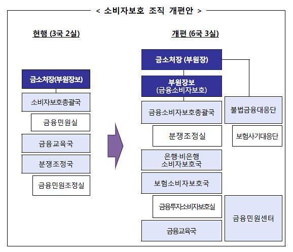 △금융감독원이 금융소비자 권익침해행위에 대한 감시·감독 기능을 대폭 강화, 금융소비자보호처장을 부원장으로 격상시키고, 금융소비자 보호 조직을 '3국 2실'에서 '6국 3실'로 개편하는 조직개편을 단행했다./자료제공=금융감독원