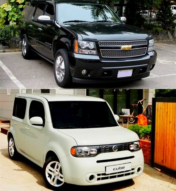 (위부터)데드풀에 등장하는 쉐보레의 서버맨과 앨빈과 슈퍼밴드에 나오는 닛산 큐브. 정수남 기자