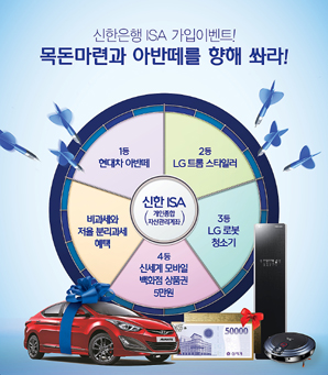 ▲ 계좌이동제 확대 시행과 ISA 출시가 맞물려 은행들의 고객 유치 경쟁이 치열하다. 신한은행은 사전예약 가입 고객을 대상으로 자동차 ‘아반떼’를 경품으로 걸었다.