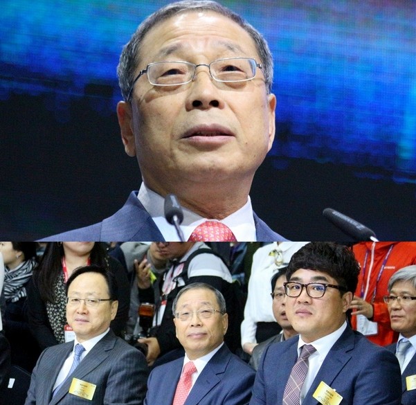 (위부처)최종식 대표와 지난해 4월 열린 서울국제모터쇼에서 (왼쪽부터)이유일 부회장, 최종식 대표이사, 김규한 노조위원장이 나란히 앉아있다. 정수남 기자