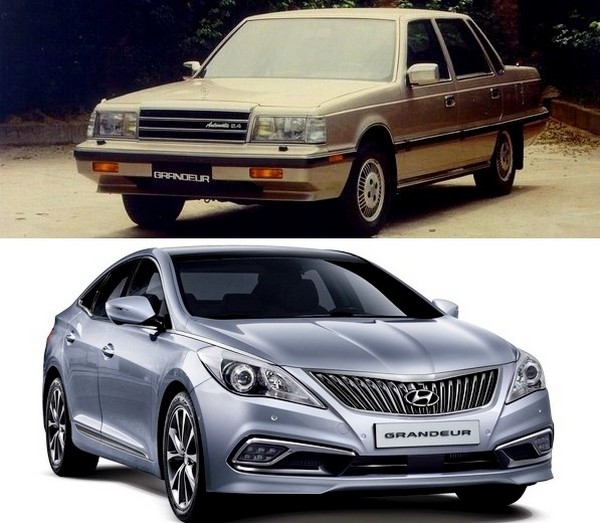 (위부터)그랜저 초기 모델과 2012년 선보인 5세대 그랜저 HG.