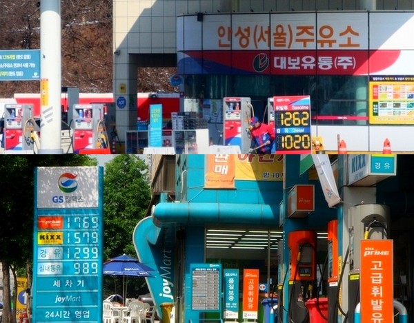 최근 국제유가가 오르고 있지만, 국내유가는 꾸준히 하락하고 있다. (위부터)지난주 경부고속국도 안성휴게소(상행선) 유가 현황과 정부의 2차 석유세제 개편 후인 2006년 5월 서울 강남주유소 유가 현황. 정수남 기자