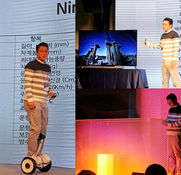 (왼쪽부터 시계방향)이준석 대표가 나인봇과, TV, 공기청정기를 시연하고 있다. 정수남 기자
