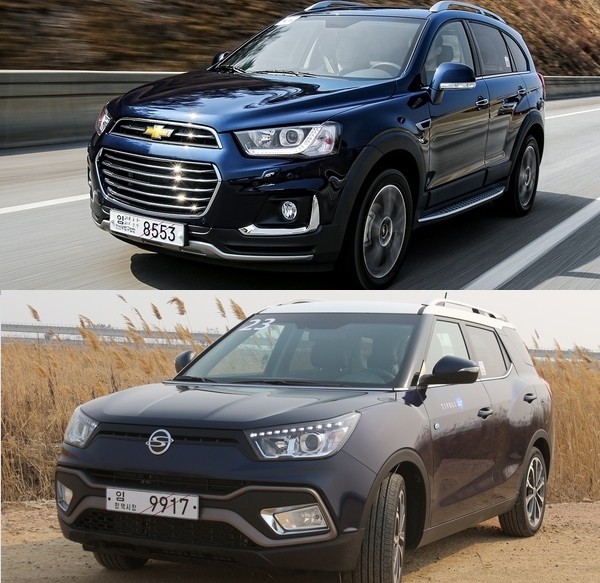 (위부터)한국GM의 신형 캡티바와 쌍용차 티볼리 에어.