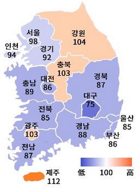 전국 체감경기전망 분포도./제공=대한상공회의소