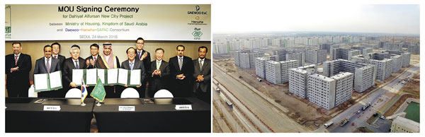 ▲ 지난달 서울 JW메리어트 호텔에서 (앞줄 왼쪽 세번째부터)대우건설 박영식 사장, 사우디 주택부 마제드 알-호가일 장관, 한화건설 최광호 사장 등이 사우디 신도시 사업 MOU를 체결하고 있다.▲ 한화건설이 건설하고 있는 이라크 비스마야 신도시 현장.