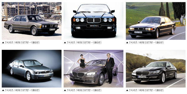 ▲ 7시리즈 1세대(1977년∼1986년)▲ 7시리즈 2세대(1986년∼1994년)▲ 7시리즈 3세대(1994년∼2001년)▲ 7시리즈 4세대(2001년∼2007년)▲ 7시리즈 5세대(2008년∼2016년) 2012년형 모델 출시 행사에서 김효준 사장(오른쪽).▲ 6세대 신형 7시리즈.