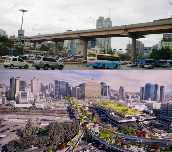 (위부터)안전성 평가에서 D등급을 받은 서울열 고가와 보행공간으로 조성된 이후 조감도. 정수남 기자