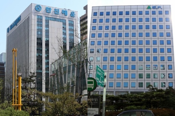 (왼쪽부터)한진해운 서울 여의도 사옥과 현대상선이 입주해 있는 종로구 율곡로 현대그룹 사옥. 정수남 기자