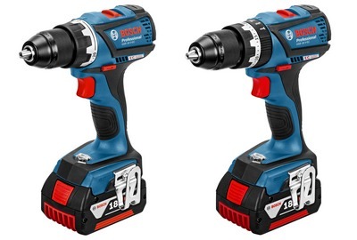 보쉬 전동공구가 선보인 (왼쪽부터)18V 고급형 충전 드릴드라이버와 충전 임팩트 드릴드라이버.