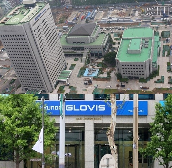 (위부터)부지 정비작업 중인 현대차그룹 서울 삼성동 사옥과 현대글로비스가 이번주부터 업무를 시작한 역삼동 삼정빌딩. 정수남 기자