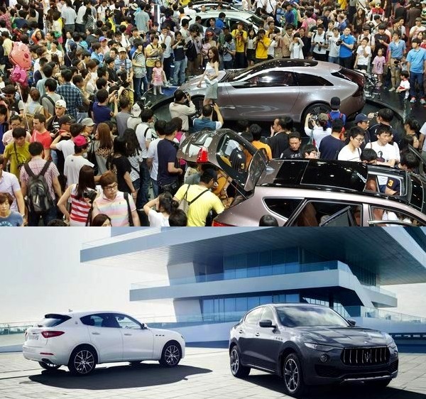 부산국제모터쇼가 2일 언론행사를 시작으로 내달 12일까지 펼쳐진다. 사진은 (위부터)2014년 행사장 전경과 마세라티가 국내 처음으로 전시하는 자사의 첫 SUV 르반떼.