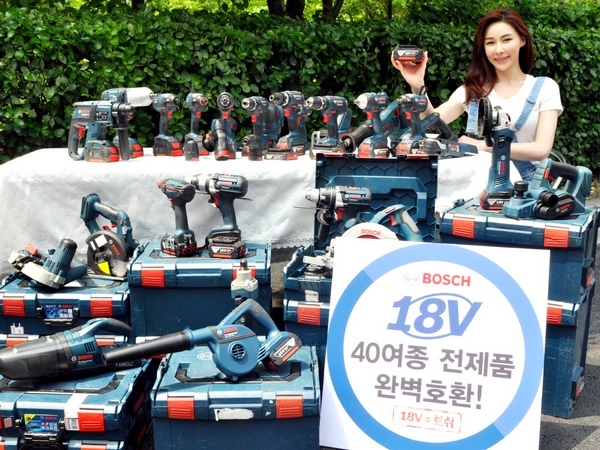 하나의 배터리로 모두 사용 가능한 40여종의 보쉬 18V 제품 라인업.