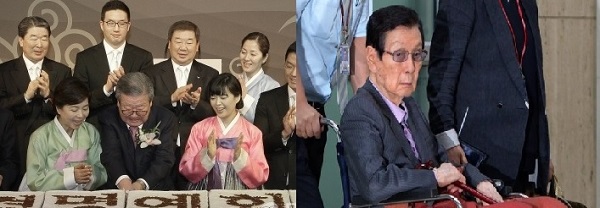 (왼쪽부터)자신의 미수연(2012년)에서 가족들의 축하 속에 기념떡을 자르고 있는 구자경 명예회장, 수행원과 휠체어에 의지한 채 이동중인 신격호 총괄회장.