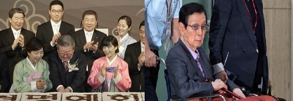 (왼쪽부터)자신의 미수연(2012년)에서 가족들의 축하 속에 기념떡을 자르고 있는 구자경 명예회장, 수행원과 휠체어에 의지한 채 이동중인 신격호 총괄회장.  