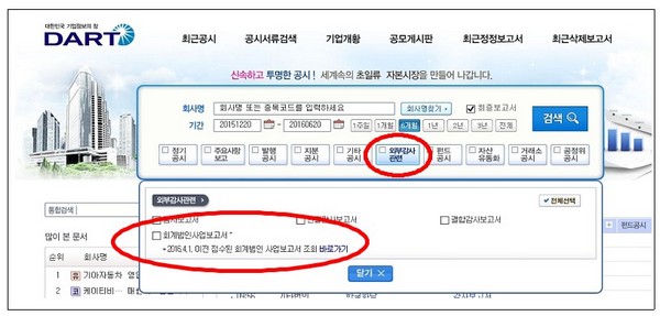 다트 내 회계법인 사업보고서 예시 화면./제공=금융감독원