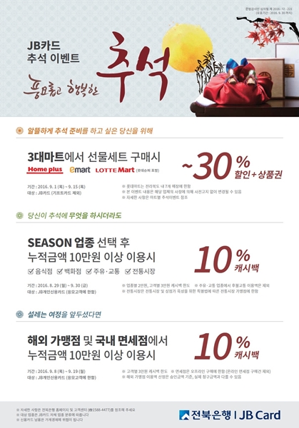 전북은행, 최대 30%할인 ‘JB카드 추석 이벤트’ 진행