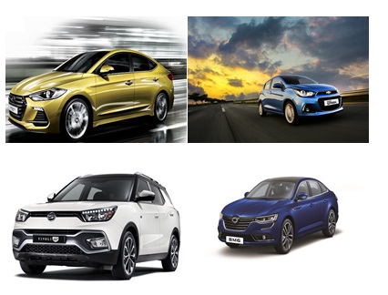 8월 판매 1위를 차지한 차량들. 왼쪽 상단부터 아반떼, 스파크, 티볼리, SM6