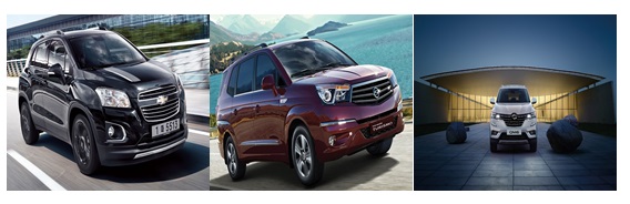 왼쪽부터 쉐보레 트랙스, 코란도 투리스모, QM6