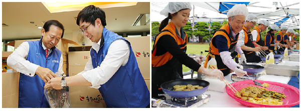 ▲ 운용암 삼성증권 사장이 직원과 함께 선물포장을 하고 있다.▲ 정연대 코스콤 사장이 직원들과 추석 음식을 장만하고 있다.