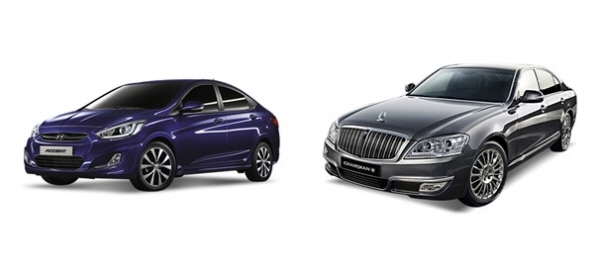 왼쪽부터 단종이 확정된 '2015년형 엑센트'와 부활을 노리고 있는 '2016년형 체어맨 W 카이저'