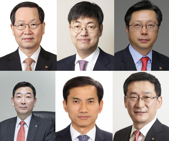 (시계방향으로) 금춘수 한화그룹 부회장, 조현일 한화그룹 사장, 이선석 한화첨단소재 부사장, 이민석 ㈜한화 무역부문 신임 대표 내정자, 이만섭 한화테크윈 시큐리티부문 대표 내정자, 김광성 한화63시티 대표 내정자. 한화그룹 제공