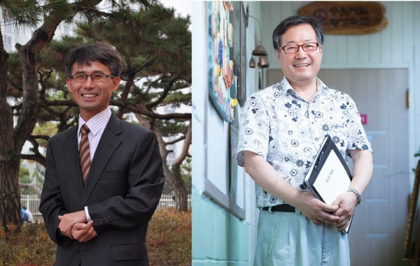 △2016 교보교육대상을 수상한 김만용(왼쪽) 충남 서산 음악중학교 교사와 박영도 수원제일평생학교장./사진제공=교보생명