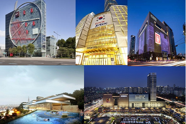 (시계방향으로) HDC신라의 아이파크타워, 롯데월드타워, 현대백화점 무역센터, 신세계 센트럴시티, SK네트웍스의 리조트 스파 조감도.