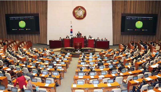 △‘박근혜 정부의 최순실 등 민간인에 의한 국정농단 의혹 사건 진상규명을 위한 국정조사 계획’을 승인했던 지난 11월 17일 국회본회의장 모습./사진제공=국회