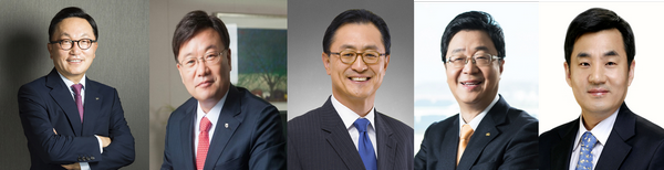 (왼쪽부터)미래에셋그룹 박현주 회장, NH투자증권 김원규 사장, 한국투자증권 유상호 사장, KB증권 전병조·윤경은 사장.