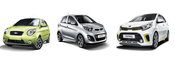 사진 왼쪽부터 1세대 '뉴 모닝', 2세대 '신형 모닝', 3세대 '올 뉴 모닝', 자료 : 기아자동차