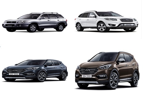 (사진 왼쪽 상단부터) 1세대 싼타페, 2세대 싼타페, 3세대 싼타페, 2018년형 싼타페. 자료 : 현대자동차.