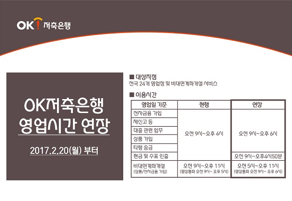 OK저축은행, 영업시간 오후6시까지 연장