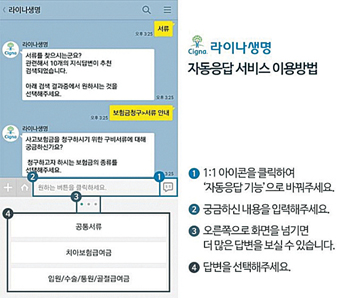 ▲ 라이나생명이 지난해 출시한 ‘챗봇’ 서비스 화면. 사진제공 = 라이나생명