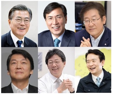 사진 왼쪽 상단부터 문재인 전 더불어민주당 대표, 안희정 충남도지사, 이재명 성남시장, 안철수 전 국민의당 대표, 유승민 바른정당 의원, 남경필 경기도지사.