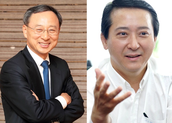 ▲황창규 KT 회장(왼쪽)과 권영수 LG유플러스 부회장.