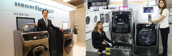 ▲ 삼성전자 생활가전사업부장 서병삼 부사장이 플렉스워시를 직접 소개하고 있다. ▲ 미국 최대 유통업체인 베스트바이 뉴저지 파라머스 매장에서 직원이 LG 트원워시를 소개하고 있다.