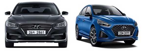 (사진 왼쪽부터)지난해 11월 출시한 그랜저IG와 지난달 8월 선보인 쏘나타 뉴 라이즈.