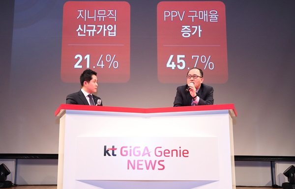 서울 종로구 KT스퀘어에서 KT 강국현 마케팅부문장(사진 오른쪽)이 사회자와 함께 기가지니 서비스에 대해 소개하고 있다.