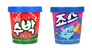 ▲ 홈플러스와 롯데제과가 함께 출시한 ‘수박통’(오른쪽) 과 ‘죠스통’. 홈플러스 제공